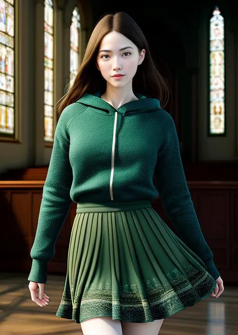 Hyper-realistic digital portrait of a young woman with medium-length hair, dark green hoodie,blue long skirt, full body,((gracefully dancing)),dimly lit modern church,solemn expression,elegant movements with incredible detail and sharp focus,the use of tone mapping creates a symmetrical and intricate composition that draws the viewer's eye,extremely detailed,looking at viewer,realistic(masterpiece, best quality:1.2),ultra realistic 8k cg, picture-perfect face, flawless, clean, masterpiece, professional artwork, famous artwork, cinematic lighting, cinematic bloom, perfect face, beautiful face, beautiful eyes, ((perfect female body, narrow waist)), black hair, divine,dreamlike, unreal,intricate detail, delicate pattern,charming,realistic(masterpiece, best quality:1.2), <lora:japaneseDollLikeness_v10:0.5>