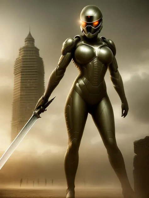 (art by ken currie:1.1), a female nano soldier, sharper details, realistic, high details, crysis, soft shadows, nanosuit, cinematic render, hdr, dust clouds, nano sword in hand, ruins on the background, vibrant colors