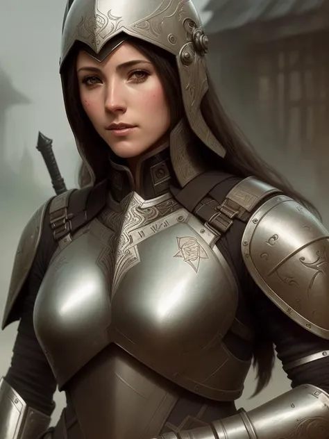 a woman in armor, intricate details, (art by Bastien Lecouffe Deharme:1.2), sharper details, 8k, cinematic, on battlefield, sitting on knees with sword, with eyepatch