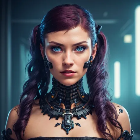 dark, deep shadow, darkness, moonlight, award winning photo, extremely detailed, amazing, fine detail, absurdres, highly detailed woman, extremely detailed eyes and face, piercing blue eyes, detailed clothes, skinny, (cybernetic face and head implants), twintails, bangs, frills, skirt,red hair, nikon d850 film stock photograph 4 kodak portra 400 camera f1.6 lens rich colors hyper realistic lifelike texture dramatic lighting unrealengine trending on artstation cinestill 800 tungsten, ((cyberpunk)), by MICHAH DOWBAK, by DEATHBURGER, by CRAIG PATON, by DANGIUZ, (((front facing portrait photo)))