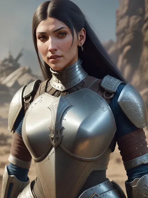 a woman in armor, intricate details, (art by Eddie Mendoza:1.2), sharper details, 8k, cinematic, on battlefield, medieval