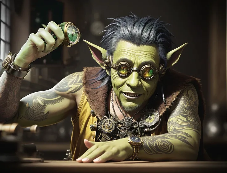 fantasy painting, fantasy creatures, a portrait, tattooed, green skin, an old goblin as a watchmaker, steampunk goggles on a forehead, a sleeveless tool vest, a watch workshop in the background, vibrant colors, contemplative mood, hyper-realistic textures, precise details, hdr, intricate details, steampunk style