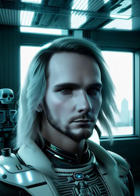 ultra detailed portrait of man android, a guy with white skine, long hair, beard, (dia de los muertos), face is decorated with intrincate catrina patterns, man cyberpunk android, very white skine, intrincate robot body, very intrincate skull decoration, sharp focus, sci - fi, fantasy, octane render, unreal engine, global illumination, intricate detailed. art by giger , 8 k<hypernet:artem:1>