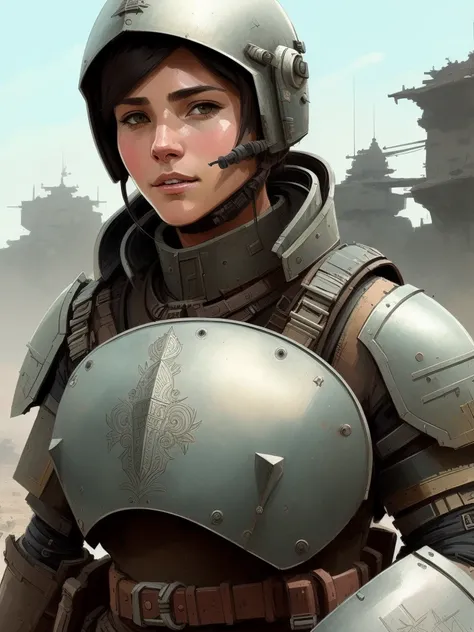 (art by Ian McQue:1.1), a woman in armor, intricate details, sharper details, 8k, cinematic, on battlefield, chromatic aberration