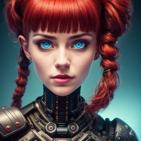 dark, deep shadow, darkness, moonlight, award winning photo, extremely detailed, amazing, fine detail, absurdres, highly detailed woman, extremely detailed eyes and face, piercing blue eyes, detailed clothes, skinny, (cybernetic face and head implants), twintails, bangs, frills, skirt,red hair, nikon d850 film stock photograph 4 kodak portra 400 camera f1.6 lens rich colors hyper realistic lifelike texture dramatic lighting unrealengine trending on artstation cinestill 800 tungsten, ((cyberpunk)), by MICHAH DOWBAK, by DEATHBURGER, by CRAIG PATON, by DANGIUZ, (((front facing portrait photo)))