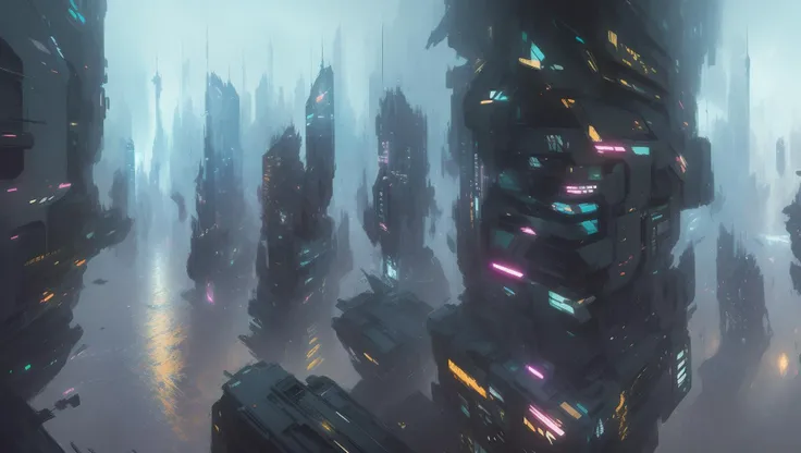 art by Wadim Kashin, sharper details, chromatic aberration, city from top
