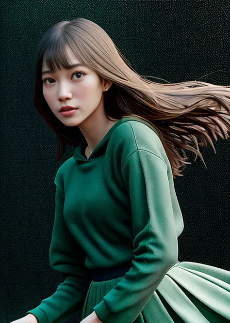 Hyper-realistic digital portrait of a young woman with medium-length hair, dark green hoodie,((light blue long skirt)), full body,gracefully dancing in a dimly lit modern church,The painting captures her solemn expression and elegant movements with incredible detail and sharp focus,The use of tone mapping creates a symmetrical and intricate composition that draws the viewer's eye,extremely detailed,looking at viewer,realistic(masterpiece, best quality:1.2),ultra realistic 8k cg, picture-perfect face, flawless, clean, masterpiece, professional artwork, famous artwork, cinematic lighting, cinematic bloom, perfect face, beautiful face, beautiful eyes, ((perfect female body, narrow waist)), black hair, divine,dreamlike, unreal,intricate detail, delicate pattern,charming,realistic(masterpiece, best quality:1.2), <lora:japaneseDollLikeness_v10:0.5>