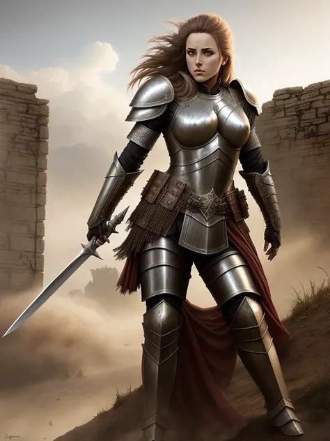(art by DARIUSZ ZAWADZKI:1.1), a female soldier in armor, sharper details, realistic, high details, soft shadows, cinematic, hdr, dust clouds, sword in hand, ruins on the background