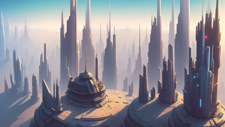 art by Christopher Balaskas, sharper details, chromatic aberration, city from top