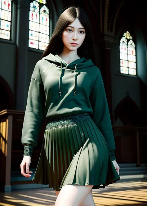 Hyper-realistic digital portrait of a young woman with medium-length hair, dark green hoodie,blue long skirt, full body,((gracefully dancing)),dimly lit modern church,solemn expression,elegant movements with incredible detail and sharp focus,the use of tone mapping creates a symmetrical and intricate composition that draws the viewer's eye,extremely detailed,looking at viewer,realistic(masterpiece, best quality:1.2),ultra realistic 8k cg, picture-perfect face, flawless, clean, masterpiece, professional artwork, famous artwork, cinematic lighting, cinematic bloom, perfect face, beautiful face, beautiful eyes, ((perfect female body, narrow waist)), black hair, divine,dreamlike, unreal,intricate detail, delicate pattern,charming,realistic(masterpiece, best quality:1.2), <lora:japaneseDollLikeness_v10:0.5>