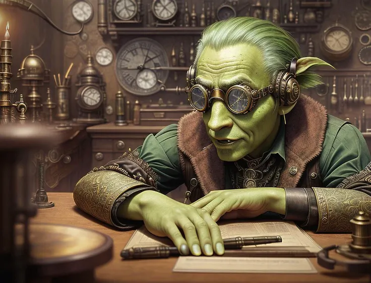 fantasy painting, fantasy creatures, a portrait, tattooed, green skin, an old goblin as a watchmaker, steampunk goggles on a forehead, a sleeveless tool vest, a watch workshop in the background, vibrant colors, contemplative mood, hyper-realistic textures, precise details, hdr, intricate details, steampunk style