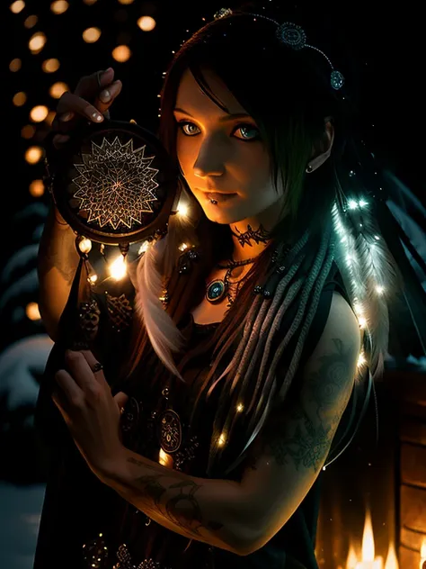 a young pretty witch, slim, holding a dreamcatcher, tattooed arms, looking in a camera, snowing background, glowing hair, (dark shot:1.2), (intricate details:1.12), (intricate details, hyperdetailed:1.15), hdr, dungeon, (at night:1.2), fireplace, warm light, dramatic light, cinematic, (closeup:1.2)<hypernet:vika:1>