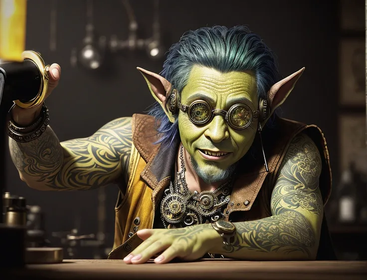 fantasy painting, fantasy creatures, a portrait, tattooed, green skin, an old goblin as a watchmaker, steampunk goggles on a forehead, a sleeveless tool vest, a watch workshop in the background, vibrant colors, contemplative mood, hyper-realistic textures, precise details, hdr, intricate details, steampunk style