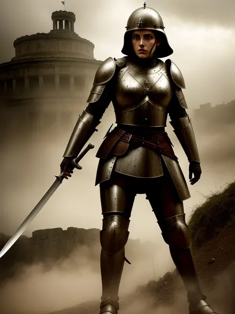 (art by ken currie:1.1), a female soldier in armor, sharper details, realistic, high details, soft shadows, cinematic, hdr, dust clouds, sword in hand, ruins on the background, horror