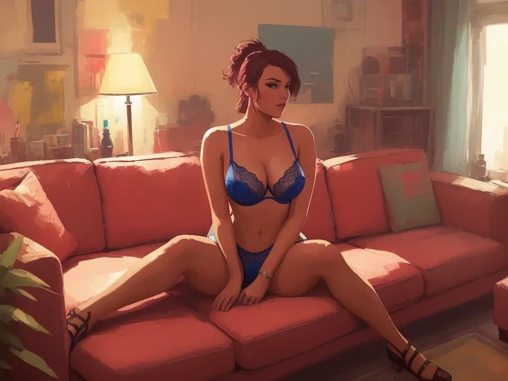 a woman in lingerie seating on a couch in room, art by Ian McQue, sharper details, tranding on artstation, vibrant colors, voluptuous
