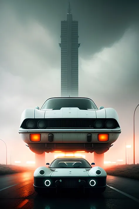 photo of simon stalenhag,8k resoultion,hyper realstic ,white body car, day, blade runner film