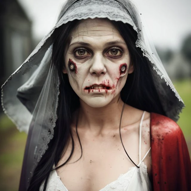 (zombie young girl face:1.4), a bride, zombie face, angry face, hair with strands of gray hair, open mouth, rotten, in a dirty torn wedding dress, a dress in red liquid paint, in a veil, wounds, abrasions, cuts, bruises, bullet holes on the body, in the background a church cathedral, cemetery, detail face, detail backgrounds little blur, reflection from wet, not much light on models, correct shadows, HDR, photorealistic, professional photo, gloomy style