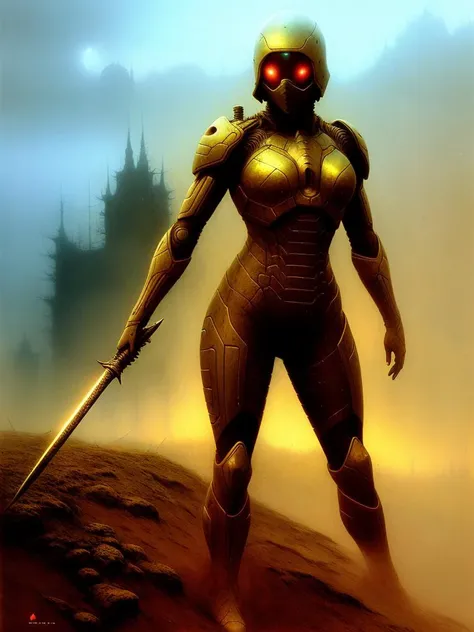 (art by beksinski:1.1), a female nano soldier, sharper details, realistic, high details, crysis, soft shadows, nanosuit, cinematic render, hdr, dust clouds, nano sword in hand, ruins on the background, vibrant colors