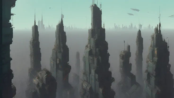 art by Ian McQue, sharper details, chromatic aberration, city from top
