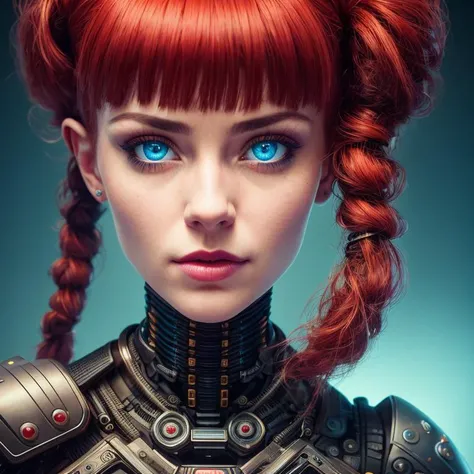 dark, deep shadow, darkness, moonlight, award winning photo, extremely detailed, amazing, fine detail, absurdres, highly detailed woman, extremely detailed eyes and face, piercing blue eyes, detailed clothes, skinny, (cybernetic face and head implants), twintails, bangs, frills, skirt,red hair, nikon d850 film stock photograph 4 kodak portra 400 camera f1.6 lens rich colors hyper realistic lifelike texture dramatic lighting unrealengine trending on artstation cinestill 800 tungsten, ((cyberpunk)), by MICHAH DOWBAK, by DEATHBURGER, by CRAIG PATON, by DANGIUZ, (((front facing portrait photo)))