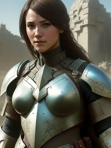(art by craig mullins:1.1), a woman in armor, intricate details, sharper details, 8k, cinematic, on battlefield, chromatic aberration