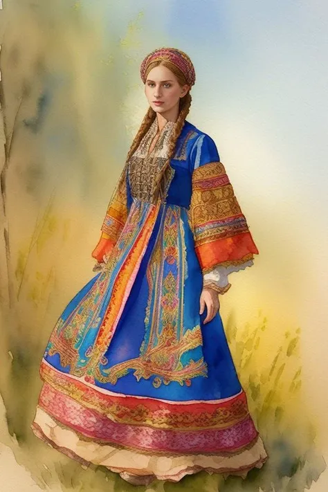 woman with a braid on her head, in an old Russian dress, clothes , women's clothing in the Slavic style, hyperdetailed, sketch, drawing, (watercolor painting:1.4), blueprint, colorful explosion psychedelic paint colors, hyperdetailed vector technical documents, large strokes, watercolor style, semi-realistic, posing, wind, by Jeremy Mann