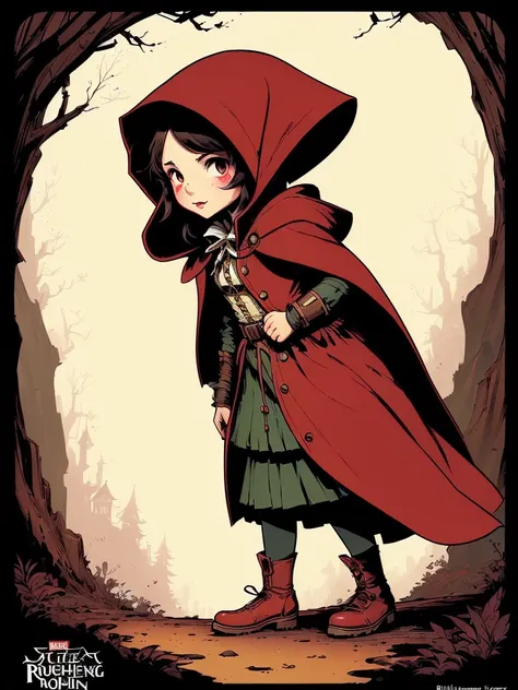(art by Brian Kesinger:1.2), detailed, sharp image, rim light, closeup, poster, hdr, dark woods, Little Red Riding Hood, 1girl