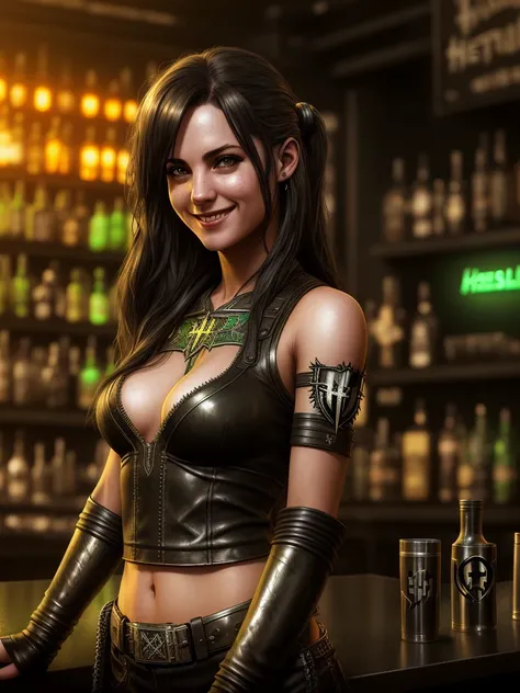a smiling bargirl, (heavymetal:1.3) bar, (green:0.7) interior, (artstation:1.2),( epic realistic:1.2), (hdr:1.4), (dark shot:0.7), intricate details, (rutkowski:0.8), intricate , cinematic, detailed, muted colors