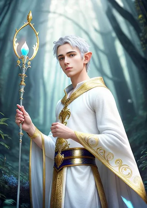 1 boy,skinny,magical atmosphere,(intricately detailed, fine details, hyperdetailed), raytracing, subsurface scattering, (fantasy underworld journey on background), diffused soft lighting, shallow depth of field,sharp focus bokeh, (photo quality:1.4),portrait of a male elf with short silver hair, dressed in a flowing white magical robe, adorned with intricate silver embroidery, draped in a billowing white cape with gold trimmings, and holding an exquisite magic staff crafted from a rare crystal, emanating a soft blue glow,The elf's striking features are enhanced by his piercing blue eyes and delicate pointed ears, giving him an otherworldly charm,The portrait is skillfully rendered using digital painting techniques, creating a highly detailed and realistic depiction, perfect for concept art or illustration,This portrait captures the essence of the magical and mystical world of elves,