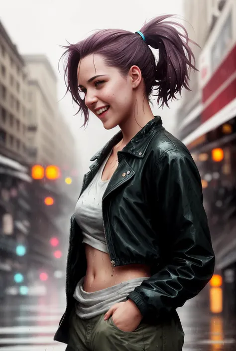 a young woman, street, laughing, ponytails, (hdr:1.3), (muted colors:1.2), dramatic, complex background, cinematic, filmic, (rutkowski, artstation:0.8), soaking wet