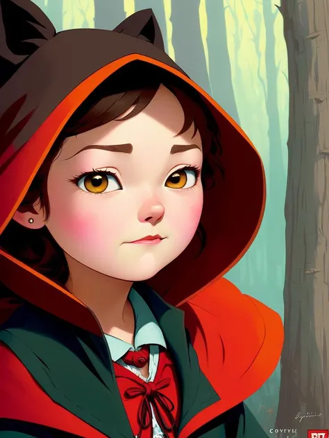 (art by Cory Loftis:1.2), detailed, sharp image, rim light, closeup, poster, hdr, dark woods, Little Red Riding Hood, 1girl