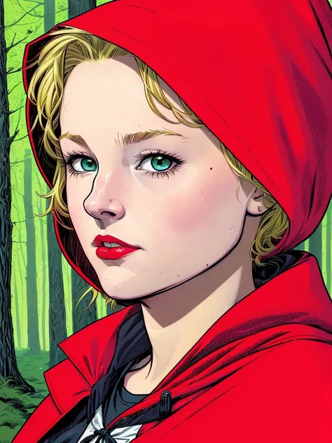 (art by Brian K. Vaughan:1.2), detailed, sharp image, rim light, closeup, poster, hdr, dark woods, Little Red Riding Hood, 1girl