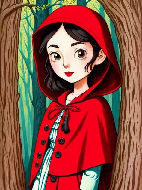 (art by Kelly Vivanco:1.2), detailed, sharp image, rim light, closeup, poster, hdr, dark woods, Little Red Riding Hood, 1girl, low brightness, deep colors