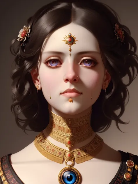 art by Franz Xaver Winterhalter, detailed, sharp image, render, 8k, rim light, closeup, body horror, poster, hdr, intricate, a demigod creature with three eyes, eye in forehead, third eye, closeup