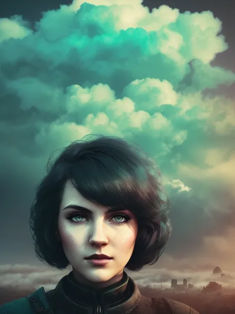 [abstraction : woman:16], short retro hairstyle, bright green eyes, (abstraction, clouds, fog, smoke:1.4), muted colors, hdr, (wasteland background:1.1), (semi realistic art, artstation, rutkowski:1.1), 4k textures, soft cinematic light, adobe lightroom, photolab, grain filter, grain texture,  (blue and black colors:1.2)