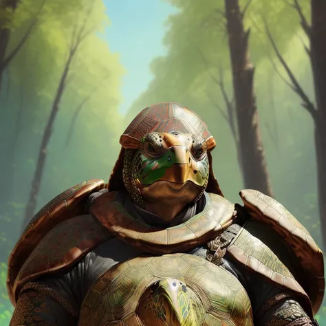 a (((turtle head man))) in armor, masterpiece, best quality, (full body:1.2), digital art, trending artstation, 4k, intricate detail, sunny, ((detailed)), colorful, vibrant, digital painting, complimentary colors, (fantasy warrior:1.3), (metal armor:1.2), (pauldrons:1.1), (bracers:1.1), (fantasy priestess:1.3), ((dead forest in the background)),