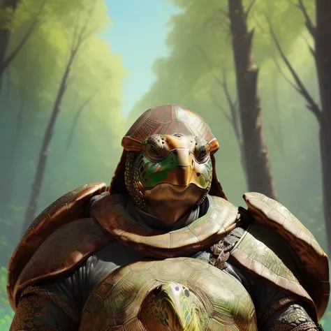 a (((turtle head man))) in armor, masterpiece, best quality, (full body:1.2), digital art, trending artstation, 4k, intricate detail, sunny, ((detailed)), colorful, vibrant, digital painting, complimentary colors, (fantasy warrior:1.3), (metal armor:1.2), (pauldrons:1.1), (bracers:1.1), (fantasy priestess:1.3), ((dead forest in the background)),
