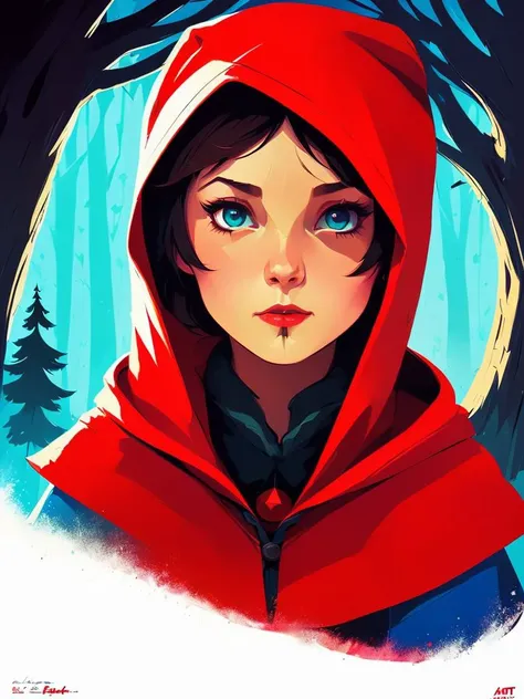 (art by Anton Fadeev:1.2), detailed, sharp image, rim light, closeup, poster, hdr, dark woods, Little Red Riding Hood, 1girl