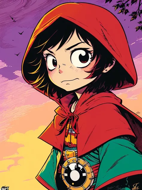(art by Skottie Young:1.2), detailed, sharp image, rim light, closeup, poster, hdr, dark woods, Little Red Riding Hood, 1girl