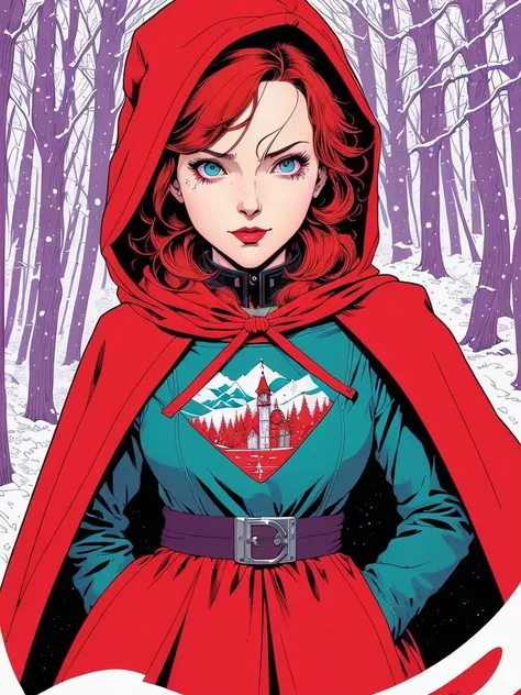 (art by Josan Gonzalez:1.2), detailed, sharp image, rim light, closeup, poster, hdr, dark woods, Little Red Riding Hood, 1girl