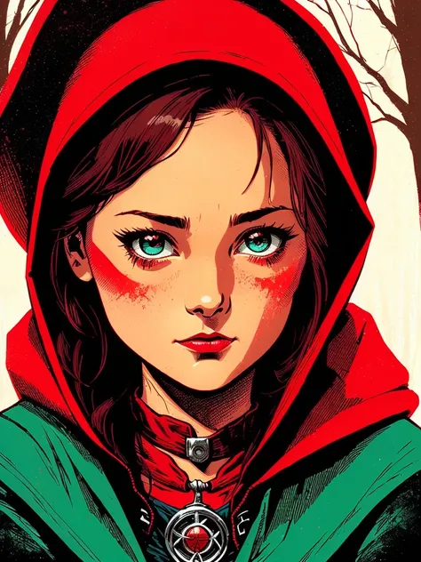 (art by Tim Doyle:1.2), detailed, sharp image, rim light, closeup, poster, hdr, dark woods, Little Red Riding Hood, 1girl