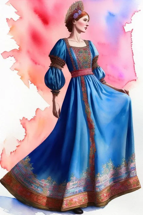 woman in an old Russian dress, clothes , women's clothing in Russian style, hyperdetailed, sketch, drawing, (watercolor painting:1.4), blueprint, colorful explosion psychedelic paint colors, hyperdetailed vector technical documents, large strokes, watercolor style, semi-realistic, posing, wind, by Jeremy Mann 