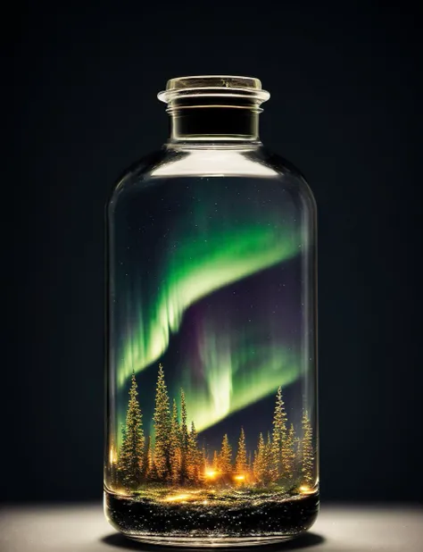 Closeup, northern lights in a glass bottle, luminance