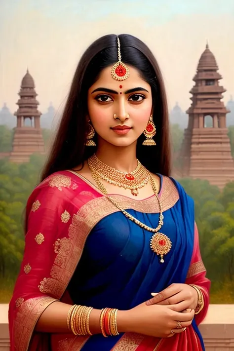 a professional majestic photo-realistic painting by ravi verma, intricate stunning highly detailed Indian woman, looking at the viewer, slight coy smile, full body portrait, aesthetic, pastel colors, highly detailed symmetrical attractive face, large eyes, sharp focus, fine detail, autumn lights, next to khajuraho monuments in the background