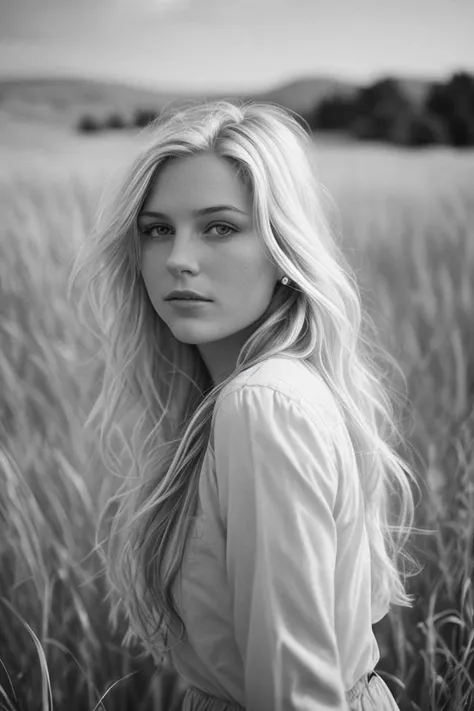 an overdeveloped film photo of pretty blond young woman, film grain, windy hair, black and white