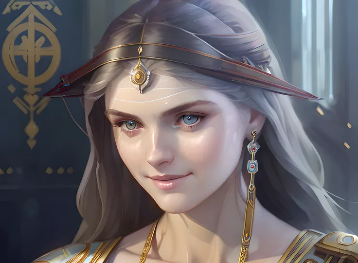 (smilling:0.8), women [(Alexandra Daddario:1.5):(android:1.2):10], long hair, (greyblue eyes:1.2), ( high detailed slavic environment:1.3), (neofolk:1.2), (orthodox signs:1.1), by artgerm and greg rutkowski and alphonse mucha