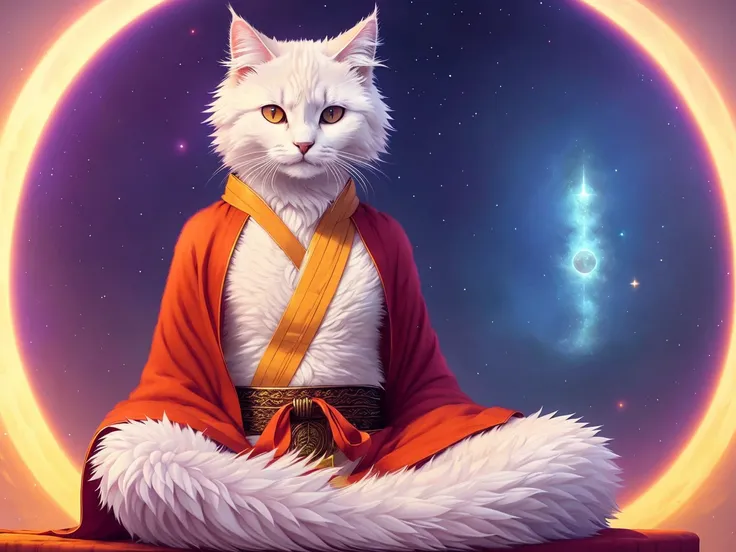 a fluffy cat meditating, buddhist robe, universe, dreamy, concept art, misty, elegant, highly detailed, in style of greg rutkowski, dim colors, soothing tones