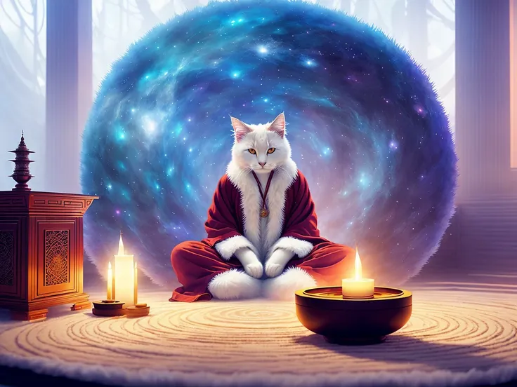 a fluffy cat meditating, buddhist robe, (at center:1.4), universe, dreamy, concept art, misty, elegant, highly detailed, in style of greg rutkowski, dim colors, soothing tones