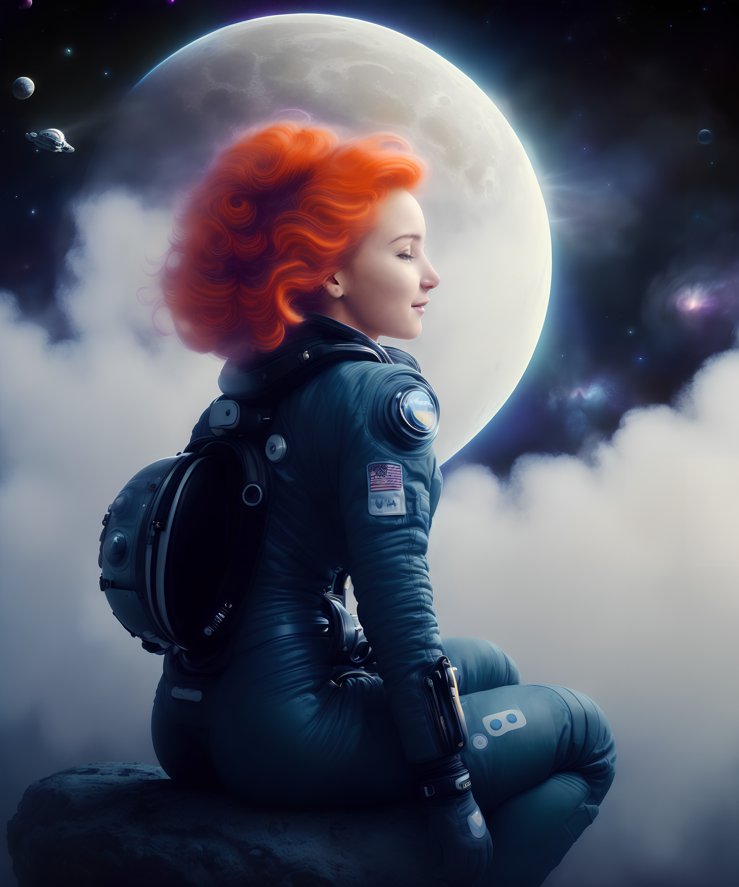 A woman with red hair sitting on a rock in front of a full moon - SeaArt AI