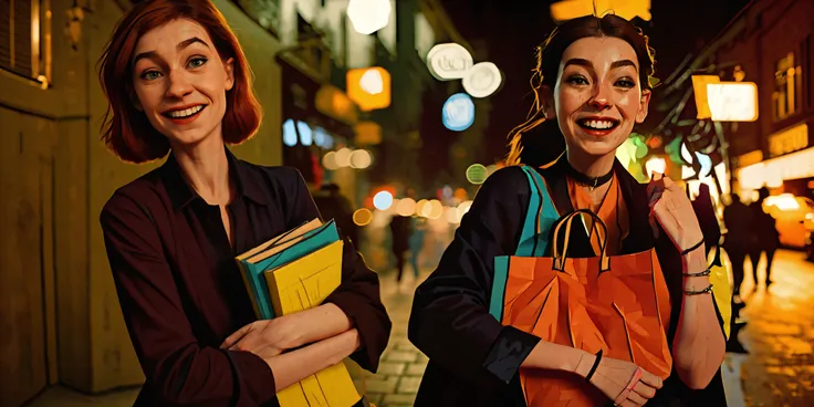 Alleyways, nights, and crowded streets in busy cities, Out of focus <lora:b_elysium:0.2>
AND colorful Bright backlighting, ((upper body)), ((look on camera)), (((dark hair,Laughing))), choker, 22yo girl wear ((orange)) pretty dress, ((carrying a bunch of shopping bags)) ANAT0J3 charturnerv2 <lora:b_samdoesarts:0.6> <lora:b_arcanestyle_k:0.3>
AND colorful Bright backlighting, ((upper body)), ((look on camera)), ((smiling)), ((carrying lots of books)), makeup, freckle, Oblique view, (((red hair))),Irritated 22yo girl wear ((blue)) shirts, charturnerv2 <lora:b_samdoesarts:0.6> <lora:b_arcanestyle_k:0.2> <lora:a_emmaMyers:0.6>